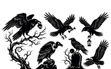 Obraz premium Halloween ravens and crows with bones and branches spooky black silhouette