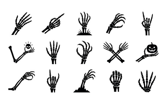 Collection of black skeleton hands and halloween elements spooky design silhouette
