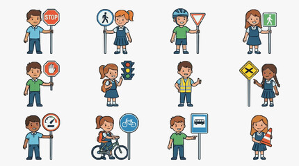 Fototapeta premium Children with Traffic Signs and Safety Characters.