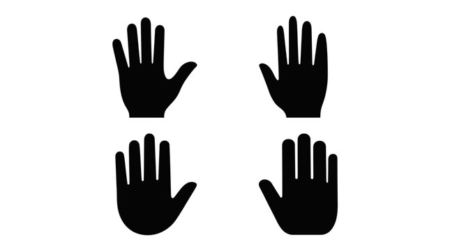 Four black open-hand silhouettes arranged in a 2x2 grid, minimalist vector icons for teamwork, unity, and infographic designs