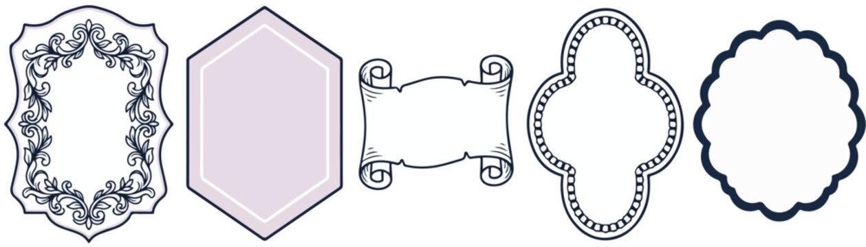 Collection of hand drawn oval, rectangle and geometric frame shapes. Baroque or Victorian style border forms for wedding or birthday menu invitation cards, labels, banners and creative elements.