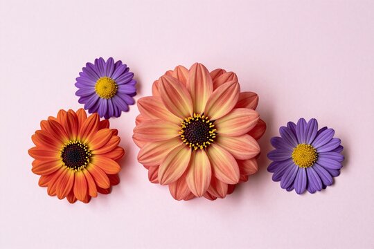 A bunch of flowers on a pink surface