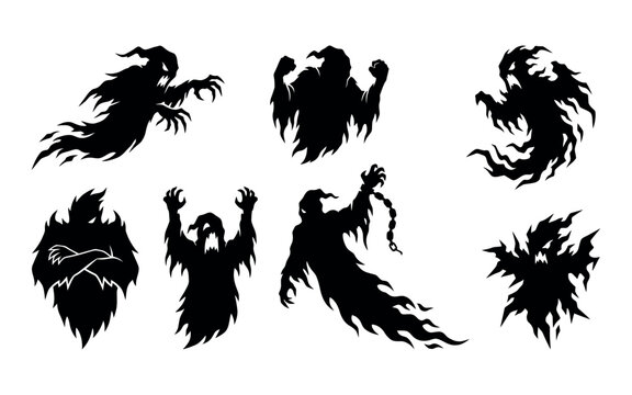 Collection of spooky halloween ghosts and specters in black silhouette