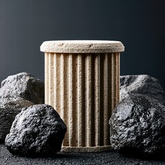 Fototapeta premium Ancient Column Pedestal Display With Raw Coal Rocks For Energy, History, And Industrial Concepts