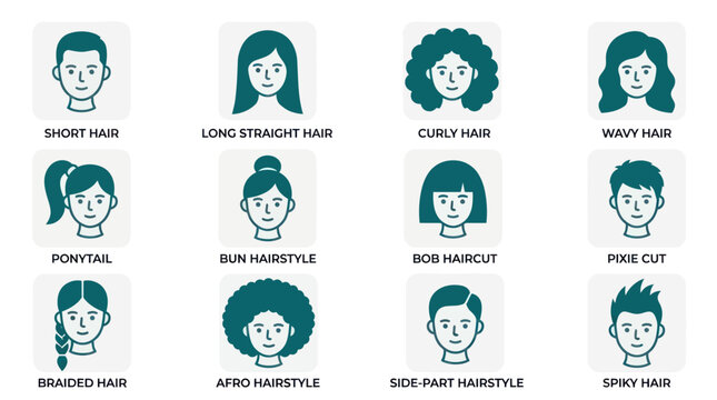 Minimal flat vector icon set featuring 12 hairstyle characters: short hair, long straight hair, curly hair, wavy hair, ponytail, bun hairstyle, bob haircut, pixie cut, braided hair, afro hairstyle