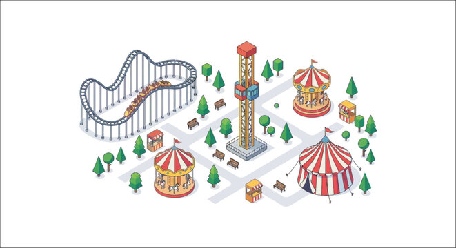 Isometric amusement park illustration with roller coaster carousel and striped tent on a white background fairground carnival roundabout ferris wheel big