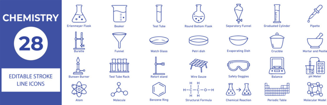 Chemistry Vector Outline Icons Set &ndash; Laboratory Equipment, Science Education and Chemical Research Editable Stroke Line Icons Bundle