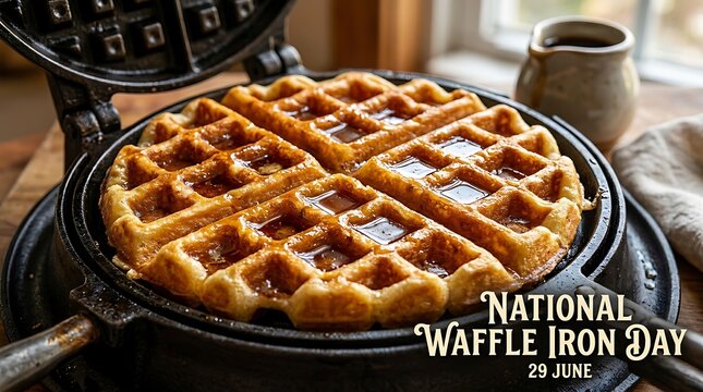 Golden Crispy Waffle Freshly Baked in a Cast Iron Maker for a Delicious Morning Breakfast Celebration