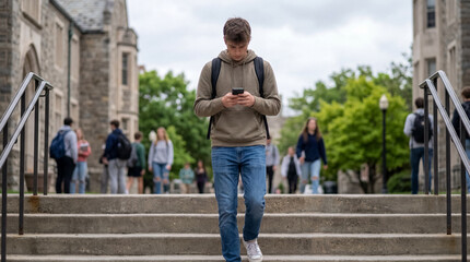 Fototapeta premium Young male university student walks down stone steps using smartphone surrounded by other students on historic campus