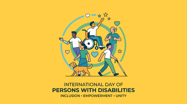 Illustration for International Day of Persons with Disabilities, showing diverse individuals with various disabilities, emphasizing inclusion, empowerment, and unity on a yellow background.