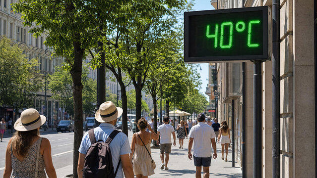 People Walking Under Digital Thermometer Showing 40 Degree Heatwave in City, extreme heatwave concept