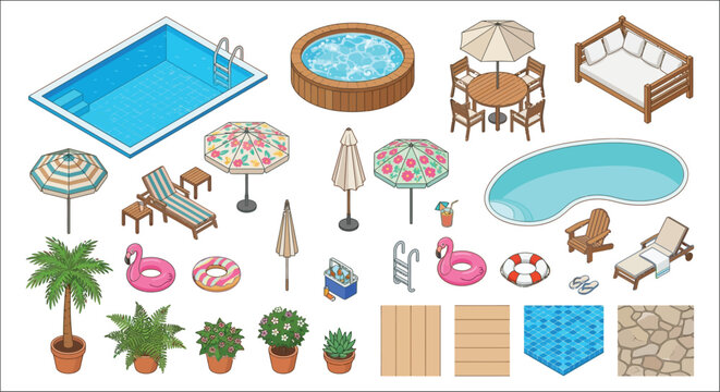 Isometric outdoor furniture and pool elements a vector illustration with a white background living poolside summer relaxation leisure vacation holiday recreation