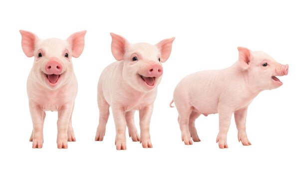 Happy smiling piglet collection isolated on white background, featuring front view, three quarter view, and side profile. Cute young farm pig with cheerful expression, clean studio composition