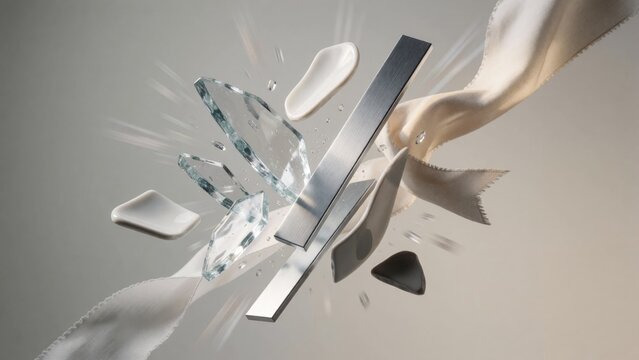 Abstract digital art piece appears made various objects background light grey color arranged way creates sense