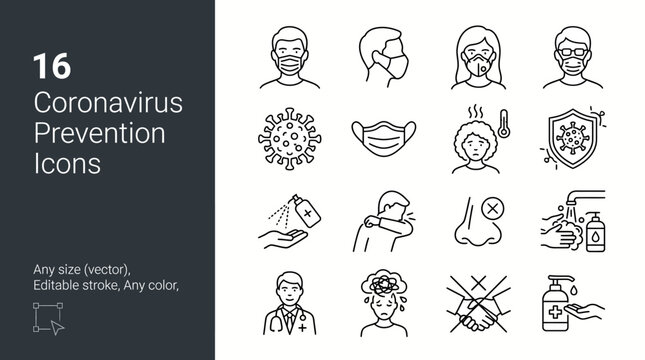 16 Coronavirus Prevention Icons: A vector line icon set for masks, hand hygiene, social distancing and other COVID-19 safety measures