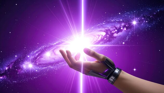 A human hand, adorned with a futuristic cybernetic bracelet, gently cups the universe, bathed in vibrant purple light emanating from a cosmic phenomenon.