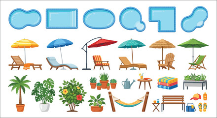 Vector illustration featuring various beach umbrellas lounge chairs tropical plants and poolside accessories umbrella parasol sunshade chair deck recreation relaxation palm © Ramkrisna