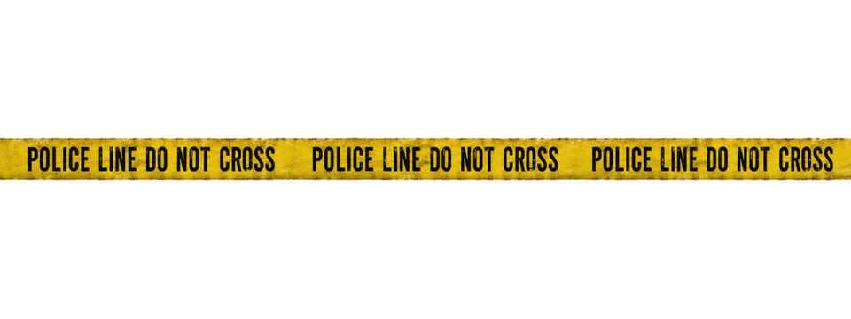 Old weathered yellow police line tape with repeated Police Line Do Not Cross warning text isolated on white background. Aged caution barrier banner with distressed texture for crime scene, law enforce