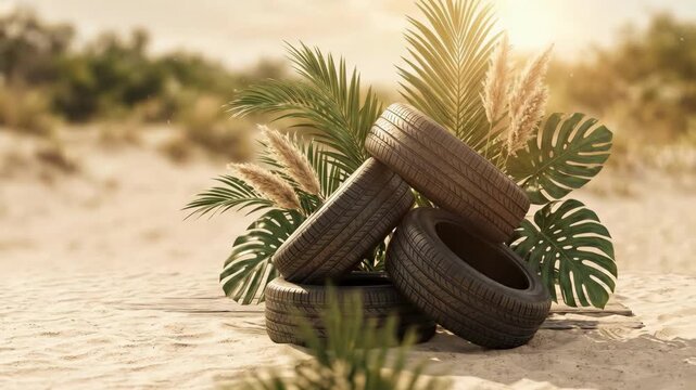 Stack of car tires on sandy beach surrounded by palm leaves monstera and pampas grass. Tropical summer adventure and off-road travel concept. Eco-friendly vacation and exploration imagery
