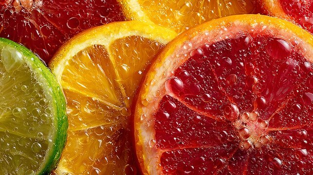 Vibrant citrus fruit slices featuring lime and orange and grapefruit segments covered in refreshing water droplets with bright macro lighting
