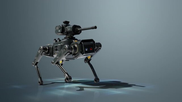 Armed quadruped robot on reflective floor