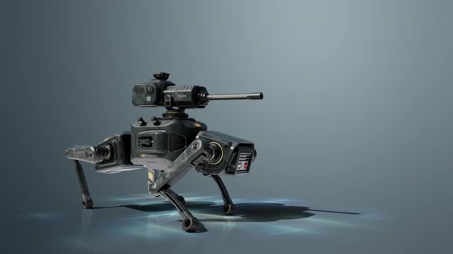 Armed quadruped robot sneaking forward