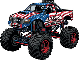 Big monster truck with american flag paint design and large tires for racing and off road sport event © Emon