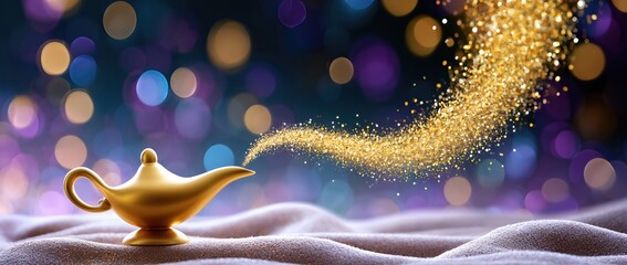 Obraz premium Magic Lamp Granting Wishes With Golden Glitter And Bokeh Lights, Dreams, Success, And Opportunity
