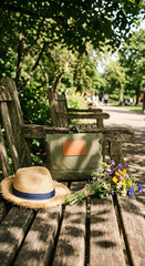 Fototapeta premium Straw hat and bag on wooden bench in park with flowers