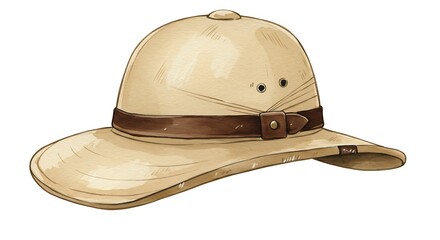 Fototapeta premium Cream Pith Helmet: Hand-Drawn Illustration, Adventure Nostalgia