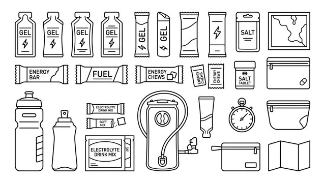 Set of outline icons for marathon running and trail running accessories.