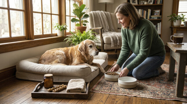 Woman Providing Food and Comfort to Senior Golden Retriever on Plush Dog Bed, Emphasizing Pet Wellness Routine