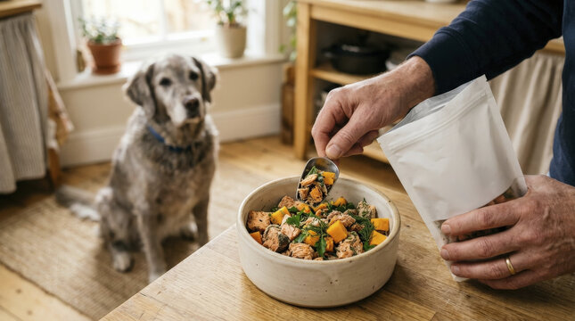 Senior Man Prepares Nutritious Meal for Beloved Senior Labrador Retriever