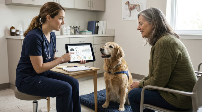 Veterinarian Explains Health Data to Senior Dog Owner During Wellness Check