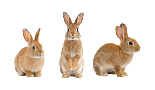 Three adorable brown rabbits in three different poses isolated on a white background, featuring front, standing, and side views, perfect for pet, wildlife, education, and design projects.