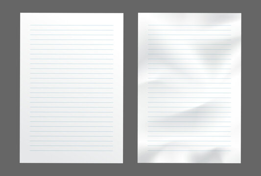 Realistic lined paper collection with clean notebook pages and crumpled sheet. Blank stationery set isolated for writing, education, planning and office templates.