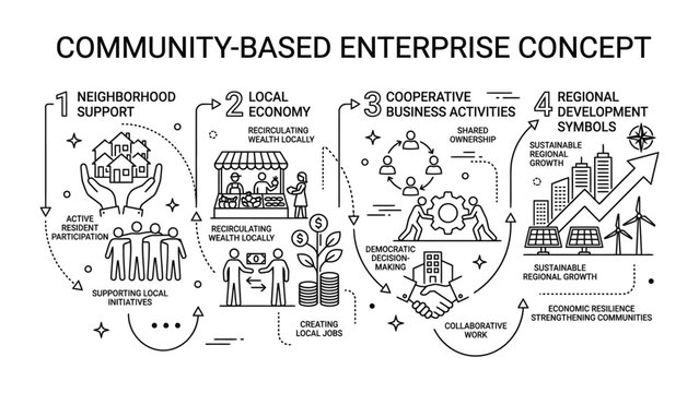 Community based enterprise concept infographic showing business growth and development.