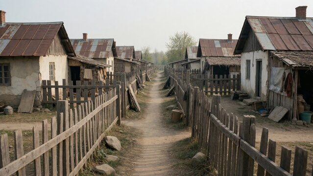 Dirt path winding row old dilapidated houses made wood have corrugated metal roofs walls covered debris there