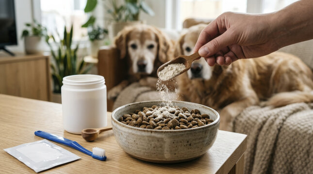 Hand adds powdered supplement to senior dog food bowl, highlighting essential nutrition and proactive health for aging pets.