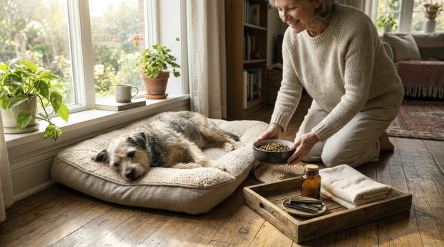 Senior woman gently feeds her contented senior terrier on a cozy dog bed, emphasizing compassionate pet care and well-being.