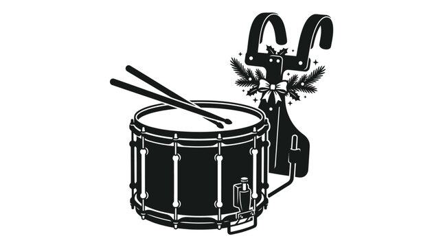 Snare drum with drumsticks and marching band harness with holly bow on white background