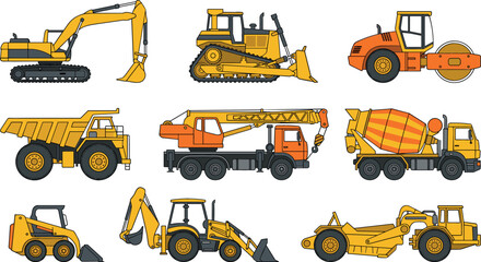 Heavy construction machinery vector set with excavator bulldozer dumper truck crane cement mixer and road roller isolated on white background © MstRowshanAra