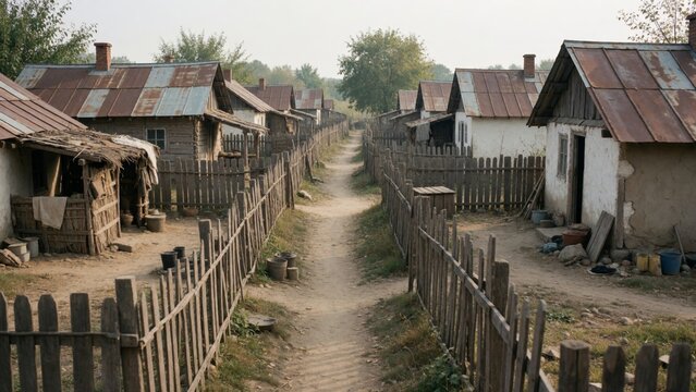 Dirt path winding small village surrounded wooden fence both sides left side there several houses corrugated m