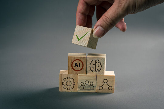 Hand places green checkmark above AI, brain, gear, and network icons