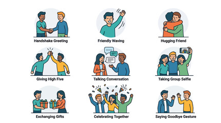 Fototapeta premium Flat vector icon set of social human interactions: handshake greeting, friendly waving, hugging friend, giving high five, talking conversation, taking group selfie, exchanging gifts, celebrating