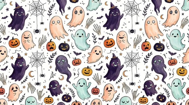 Seamless pattern with cute ghosts, pumpkins, spider webs, and skeletons for halloween