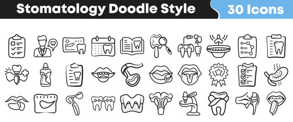 Naklejka premium Set of hand drawn stomatology doodle icons for dental care