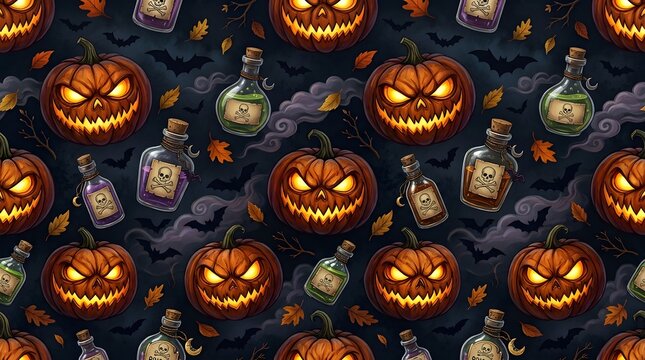 Seamless pattern with glowing jackolantern pumpkins and magic potion bottles on a dark smoky background