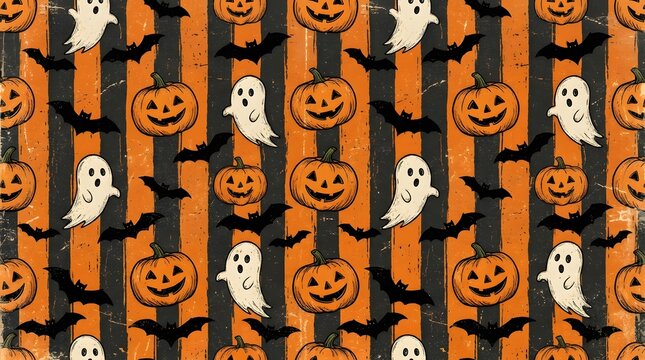 Seamless halloween pattern with handdrawn pumpkins, ghosts, and bats on orange and black striped background