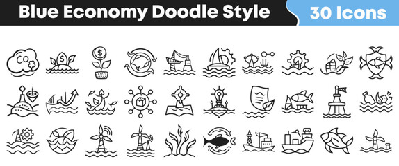 Thirty hand drawn blue economy icons in a doodle style © Vectoravec